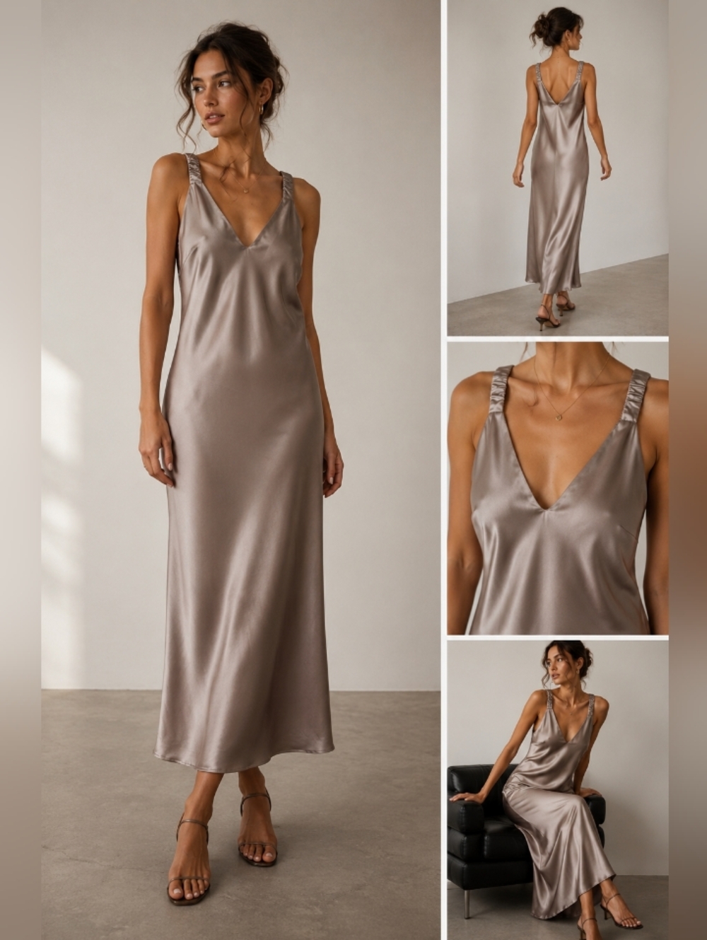NWT Elegant Silver Taupe Stretch Satin V-Neck Slip Dress. Bridal Guest. Prom